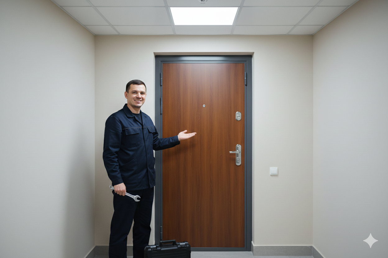 Мастер ремонтирует входную дверь — ремонт дверей в Москве