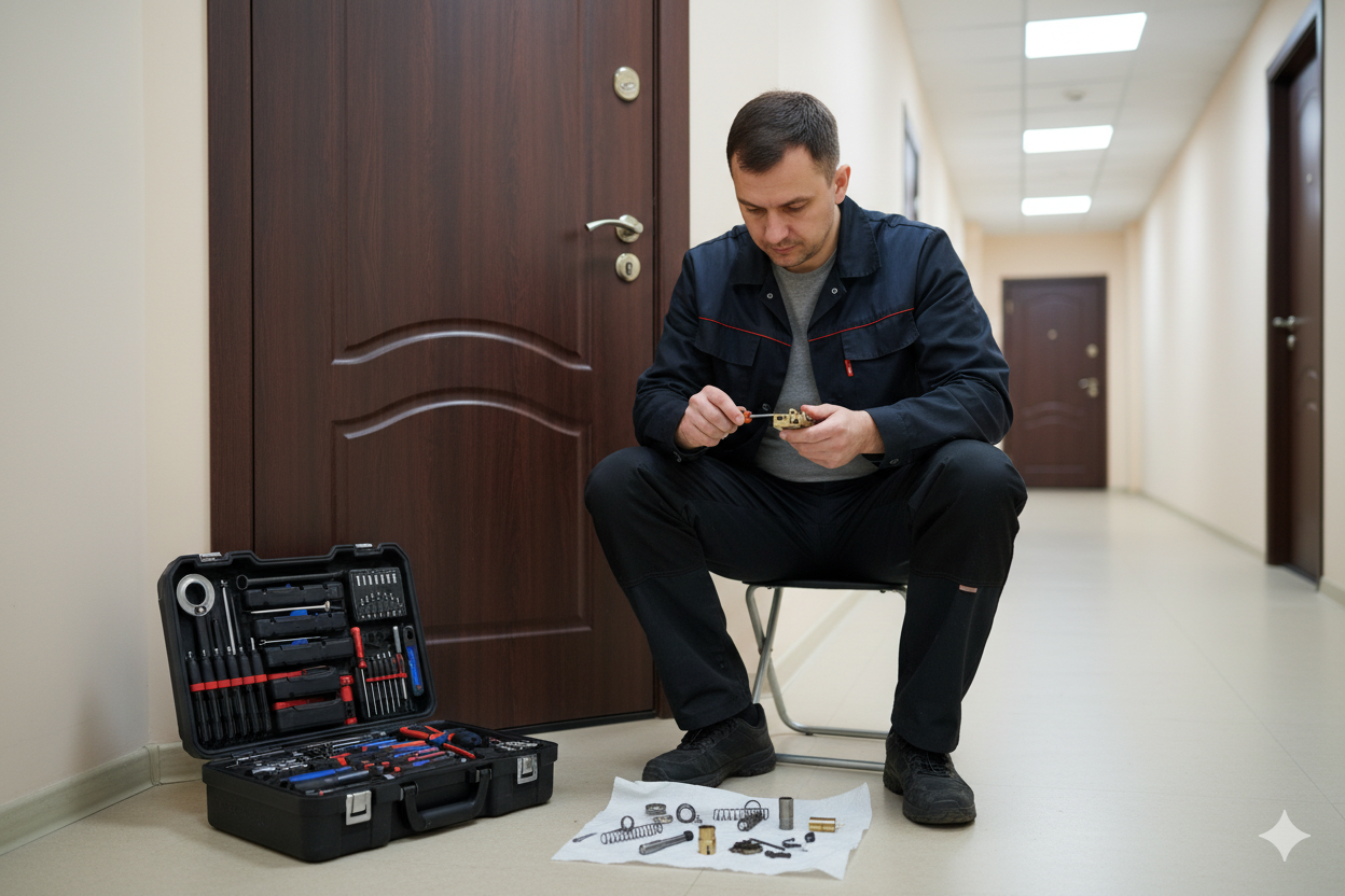 Мастер ремонтирует замок входной двери — ремонт замков в Москве