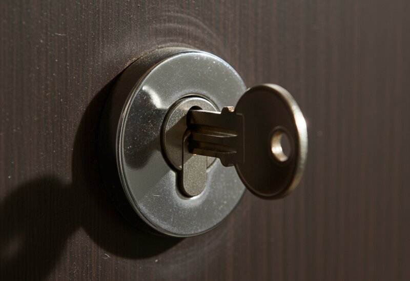 Изношенный дверной замок с потёртым ключом